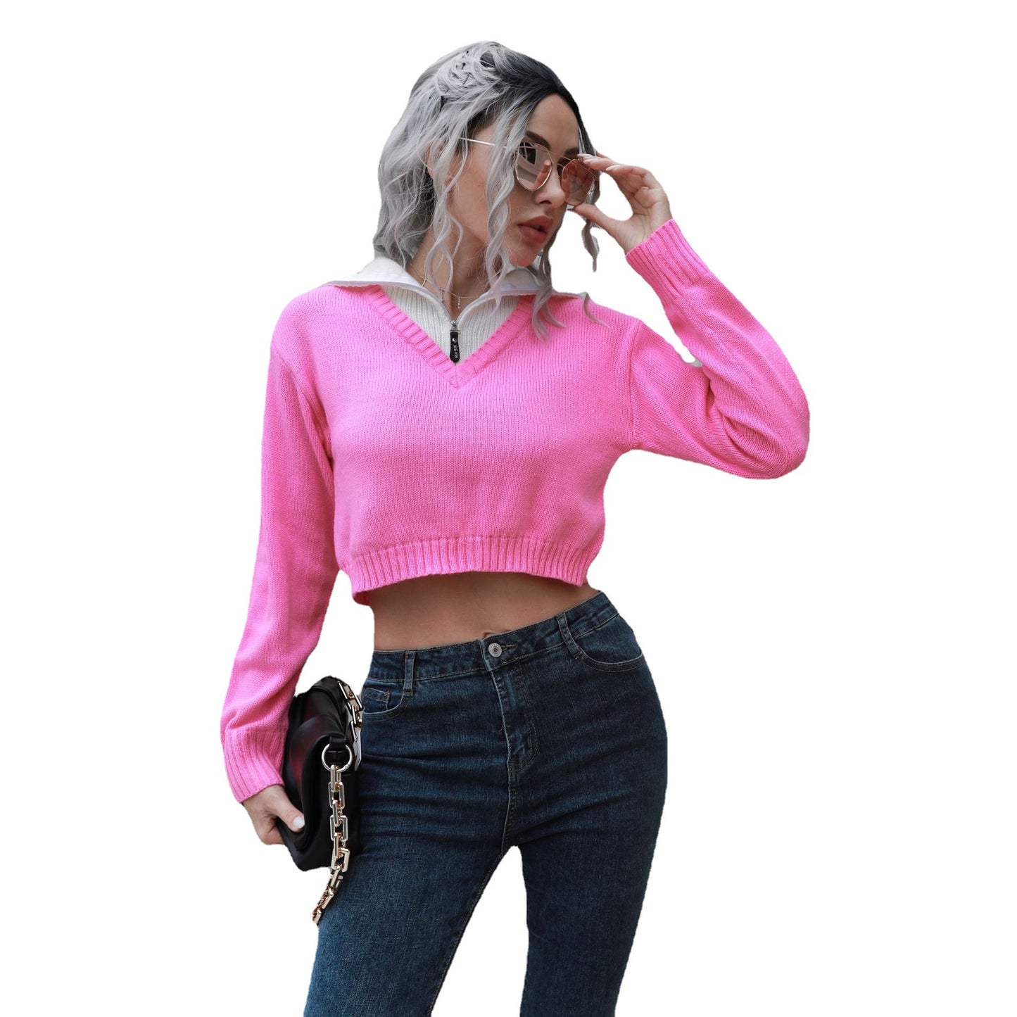 Women's Cropped Sweater with High Collar and Concealed Zipper Ivyshape