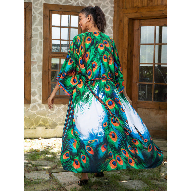 Ladies Shawl Kimono with Vibrant Feather Designs Ivyshape