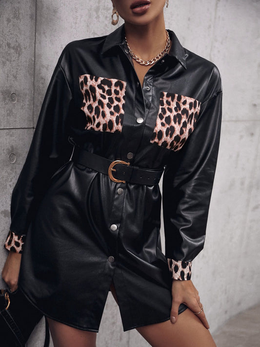 Women Faux Leather Shirt Dress with Animal Print and Adjustable Belt Ivyshape