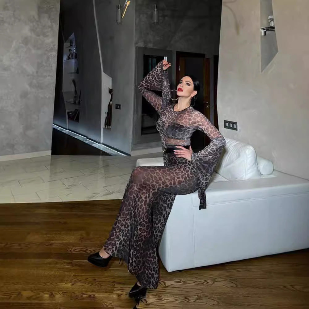 Women Elegant shimmering maxi dress with long sleeves and leopard print Ivyshape