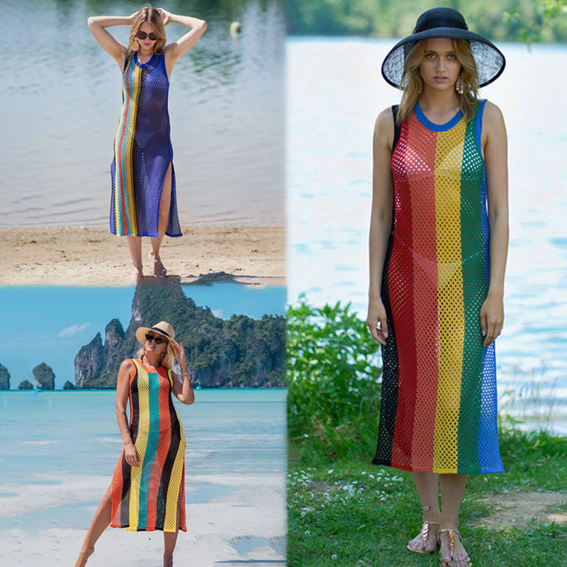 Ladies net dress with side slits and colorful design Ivyshape