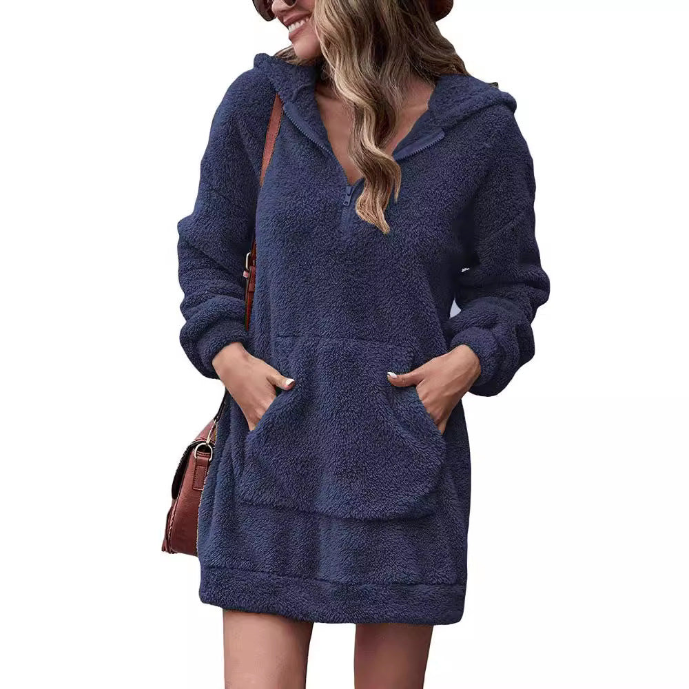 Women's fleece hooded dress with pockets and zipper Ivyshape
