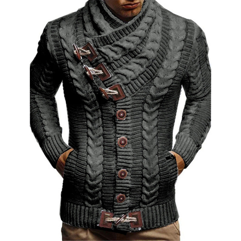 Men's chunky knit cardigan with creative shawl collar and button details Ivyshape