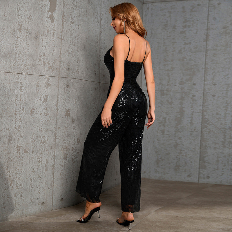 Ladies Glitter Jumpsuit with Deep V-Neck and Wide Leg Cut Ivyshape