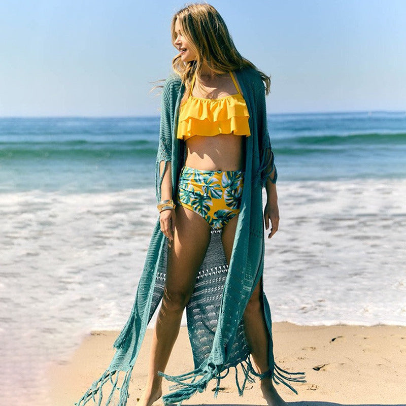 Women’s Crochet Beach Cover-Up Robe with Fringed Details Ivyshape