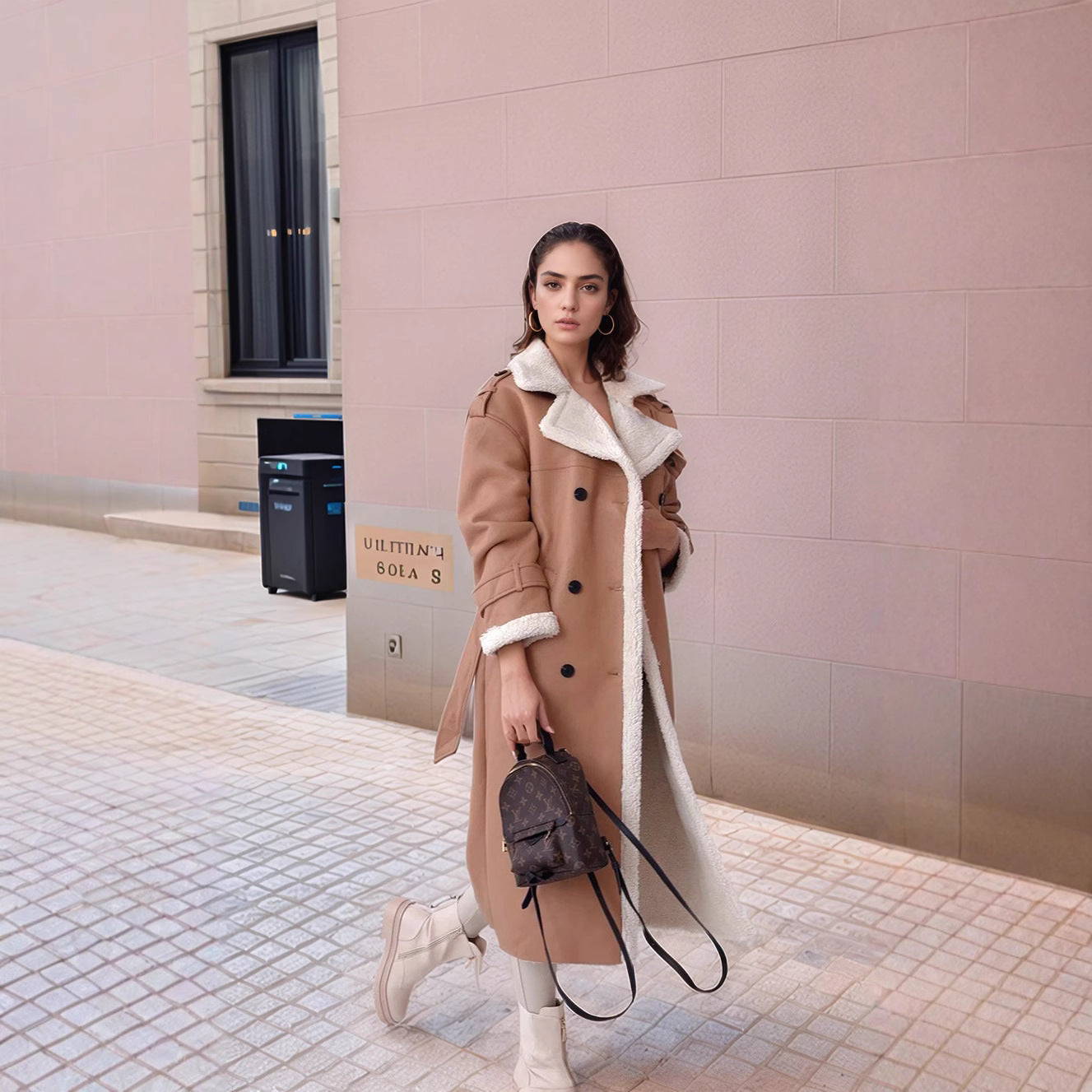 Women elegant transitional coat with teddy lining and double button placket Ivyshape