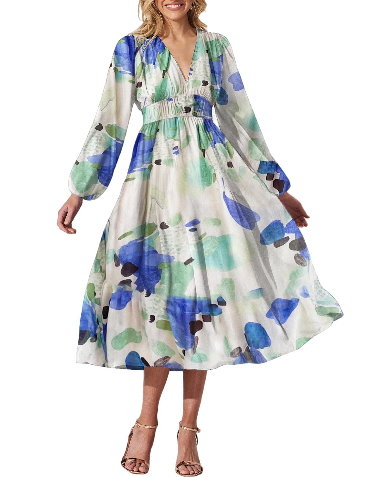 Ivyshape | Women’s Printed V-Neck Long Sleeve Summer Maxi Dress