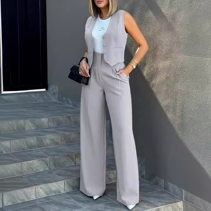 Women Elegant Two-Piece Set with Tailored Blazer and Wide Leg Pants Ivyshape