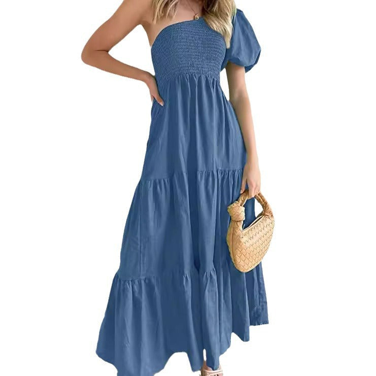 IvyShape | Romantic One-Shoulder Puff Sleeve Beach Dress