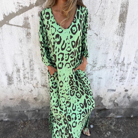 Ladies Long Sleeve Maxi Dress with Animal Print and Practical Pockets Ivyshape