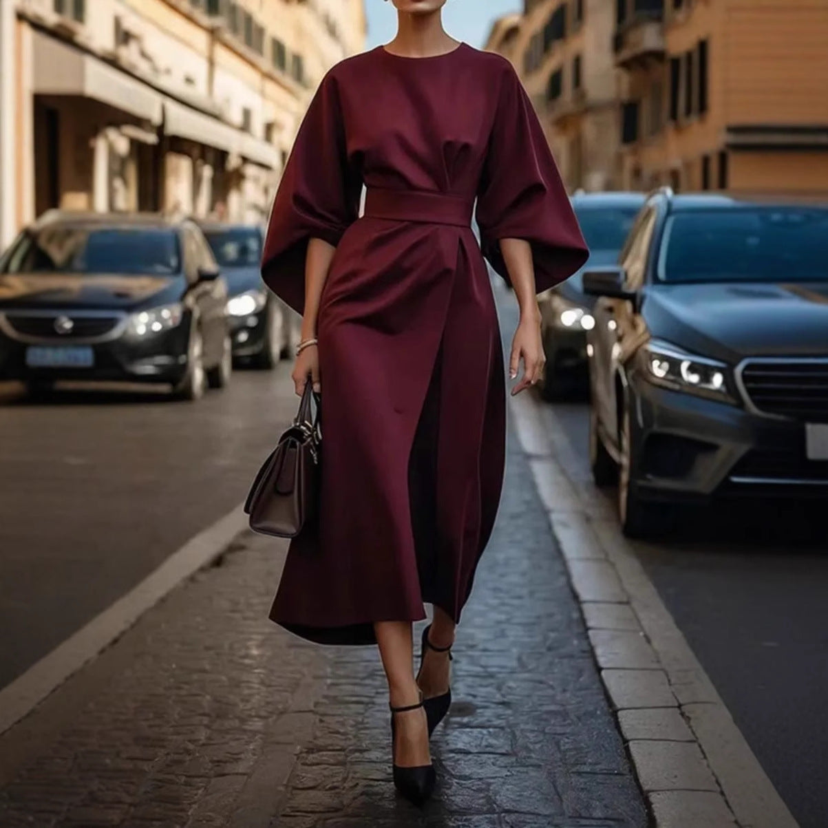 Ladies elegant maxi dress with balloon sleeves and tailored cut Ivyshape