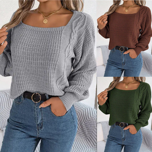 IvyShape | Unique Square Neck Twisted Knit Pullover Top for Women