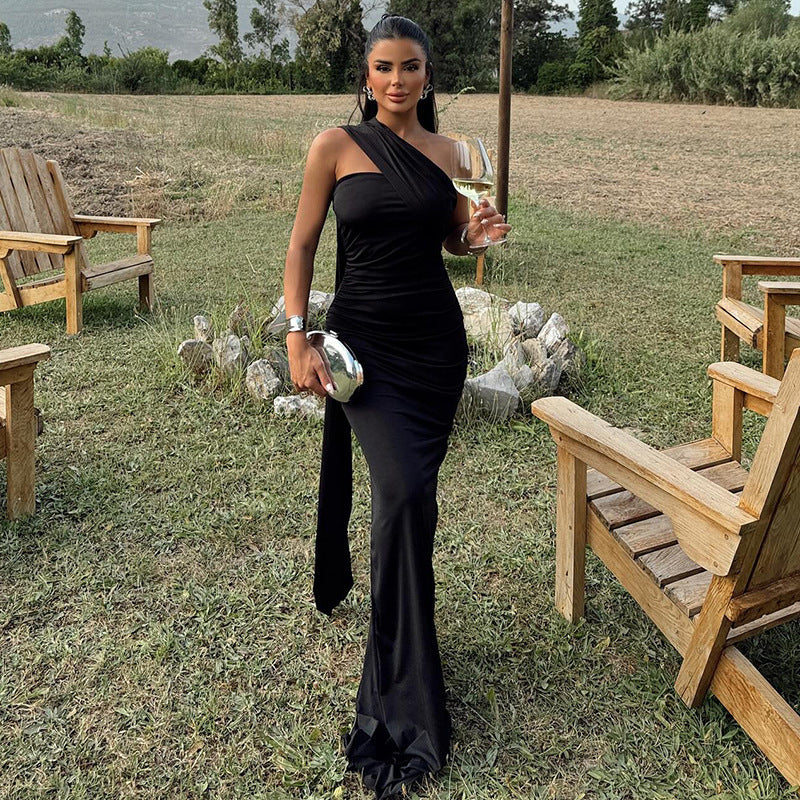 Women Elegant Tailored Evening Dress with Asymmetrical Neckline and Flowing Chiffon Ivyshape