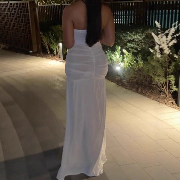 Women Elegant Strapless Maxi Dress with Ruffle Details and High Slit Ivyshape