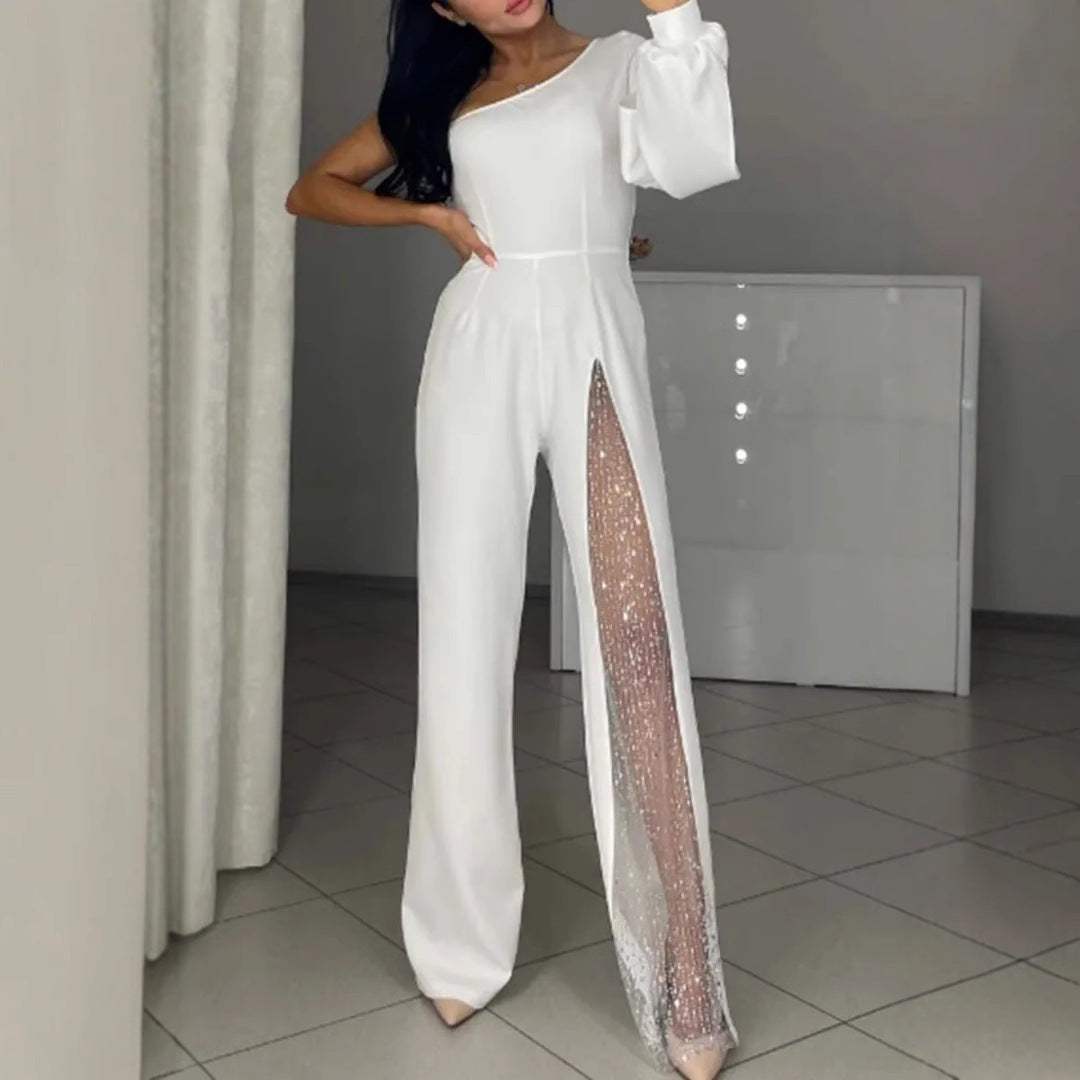 Ladies Elegant Jumpsuit with Transparent Inserts and Sequins Ivyshape