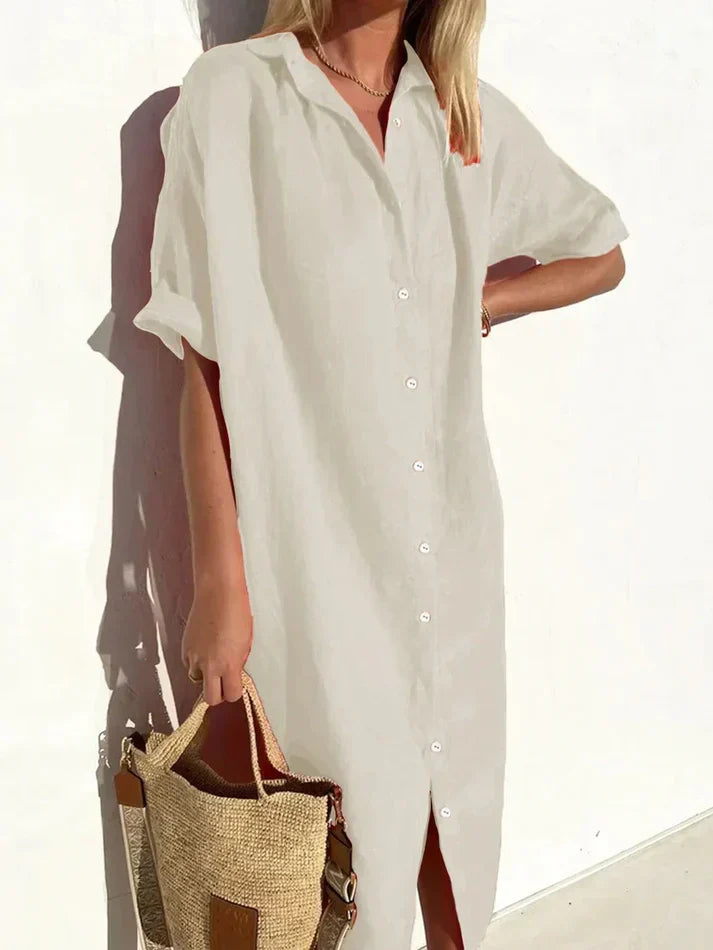 elegant, casual dress for women with wide sleeves and buttons dress made of cotton and linen