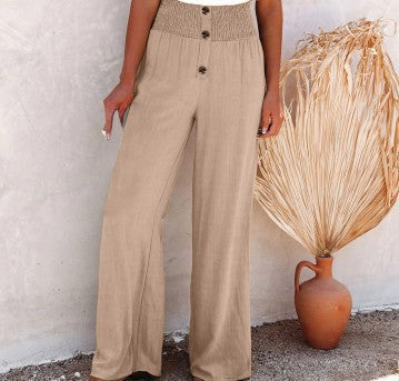 Ladies Wide High Waist Pants with Decorative Buttons Ivyshape