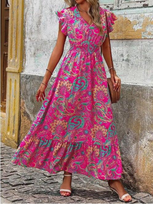 Ladies Summer Floral Maxi Dress with Ruffle Sleeves and Elastic Waistband Ivyshape