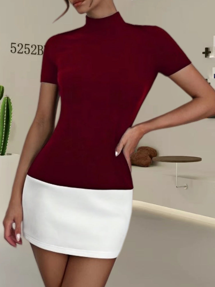 Women Elegant Top with High Collar and Short Sleeves Ivyshape