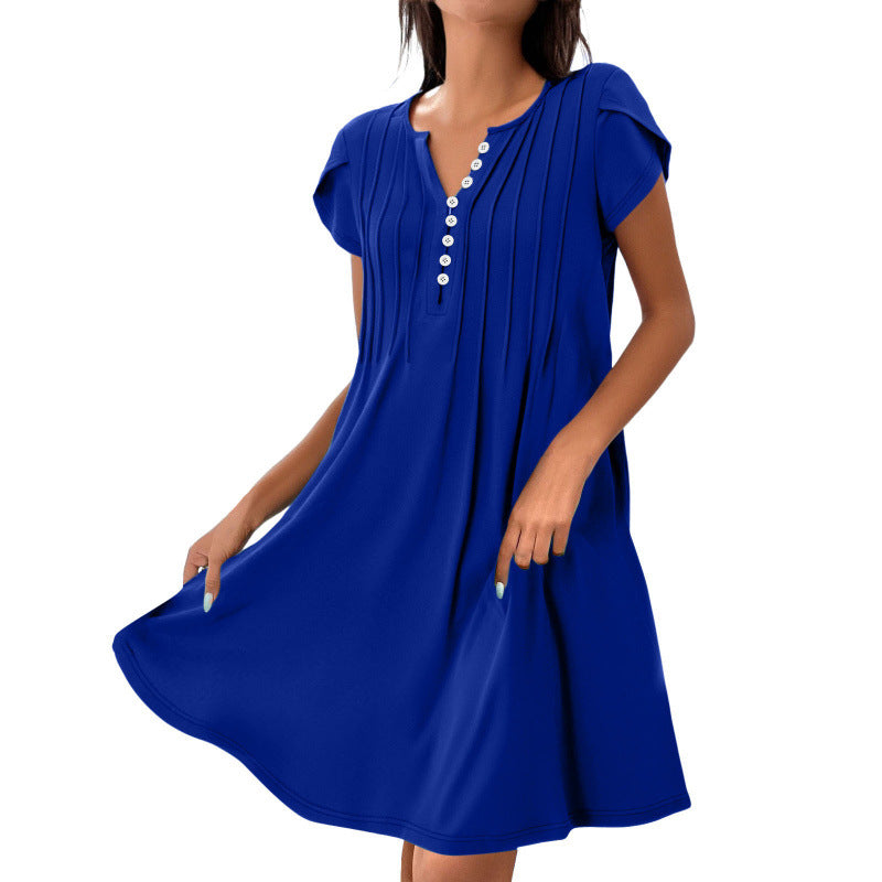 Women's Casual Short Sleeve Dress with Pleated Details and Button Placket Ivyshape