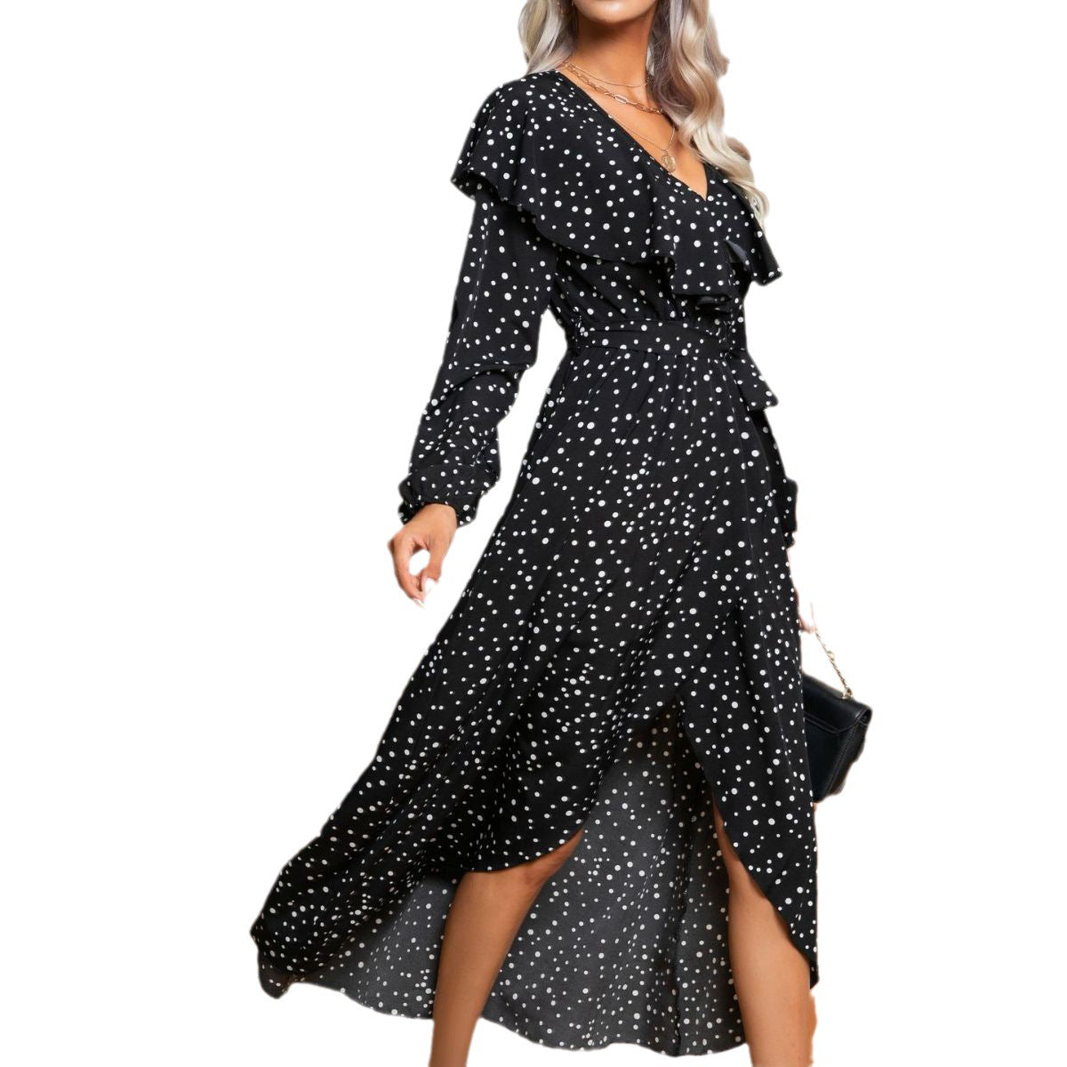 Women's maxi dress with ruffle trim and slit Ivyshape