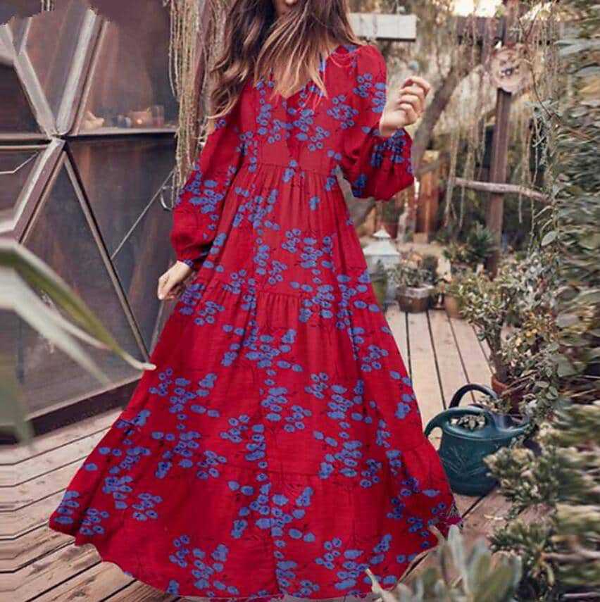 Women’s Boho Long Sleeve Dress with Floral Accents and Flared Hem Ivyshape