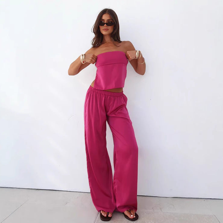 Women Elegant Strapless Crop Top and Flowing Cropped Pants Set Ivyshape