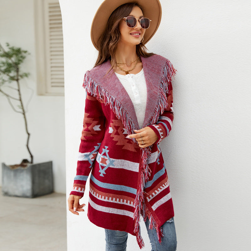 IvyShape | Fringes Geometric Jacquard Sweater Coat