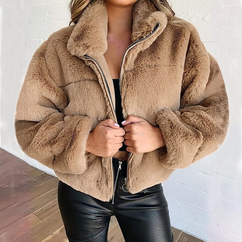 Ivyshape | Faux Fur Zipper Plush Coat