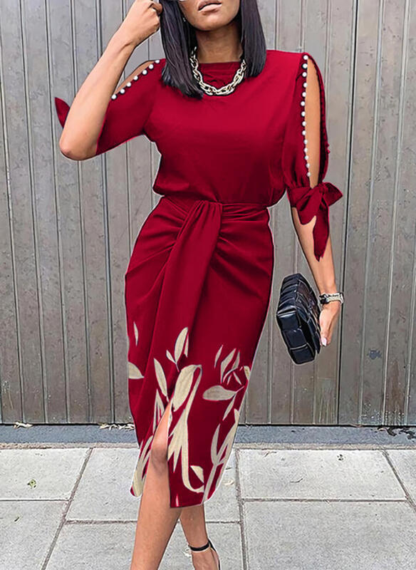 Elegant midi dress for women with stylish cut-out sleeves Ivyshape