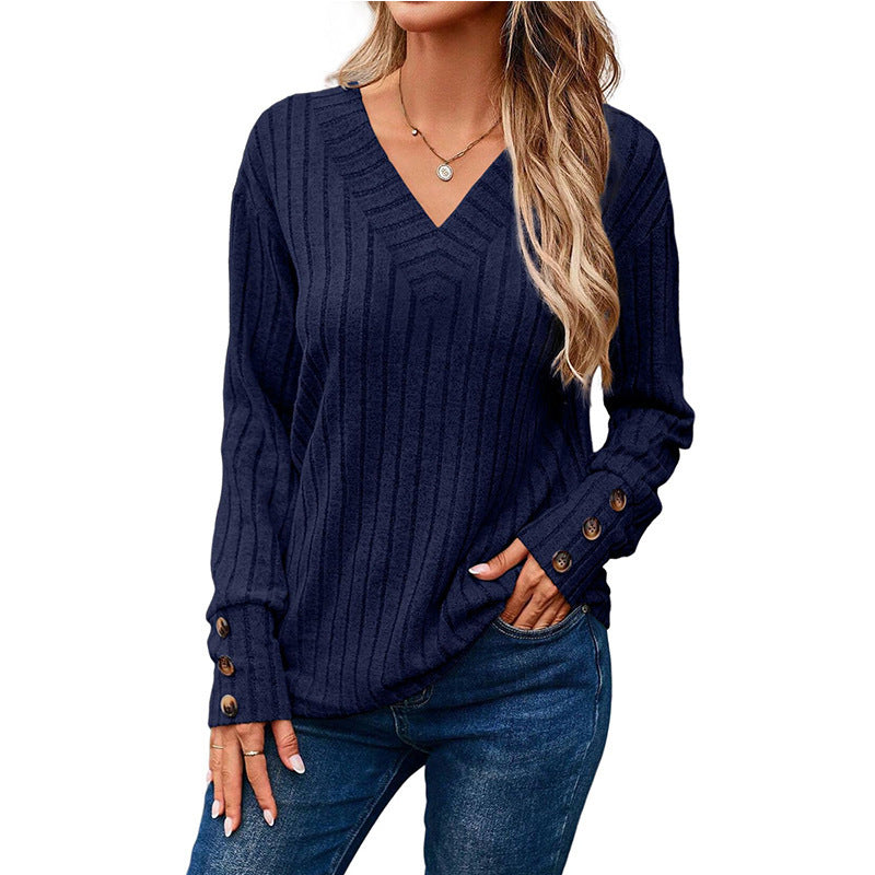 Women Elegant V-neck Knit Top with Button Details Ivyshape