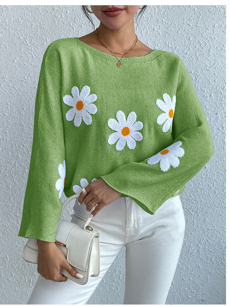 IvyShape | Floral Embroidery One-Shoulder Pullover Sweater