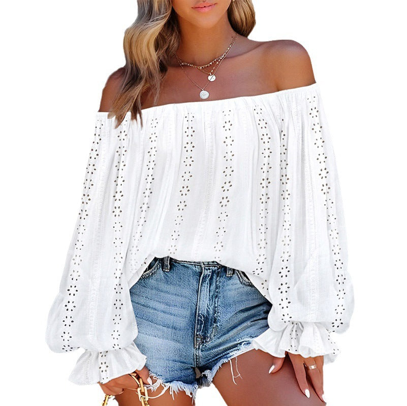 IvyShape | Unique Hollow Out One-Shoulder Lantern Sleeve Top