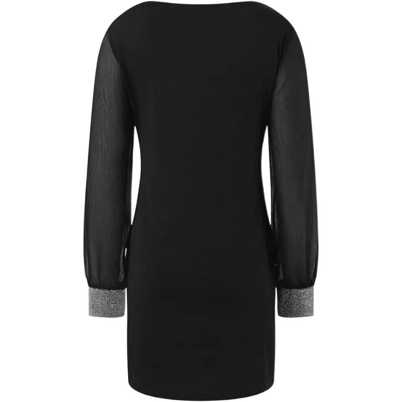 Women Elegant V-neck Mini Dress with Transparent Long Sleeves and Gemstone Accents Ivyshape