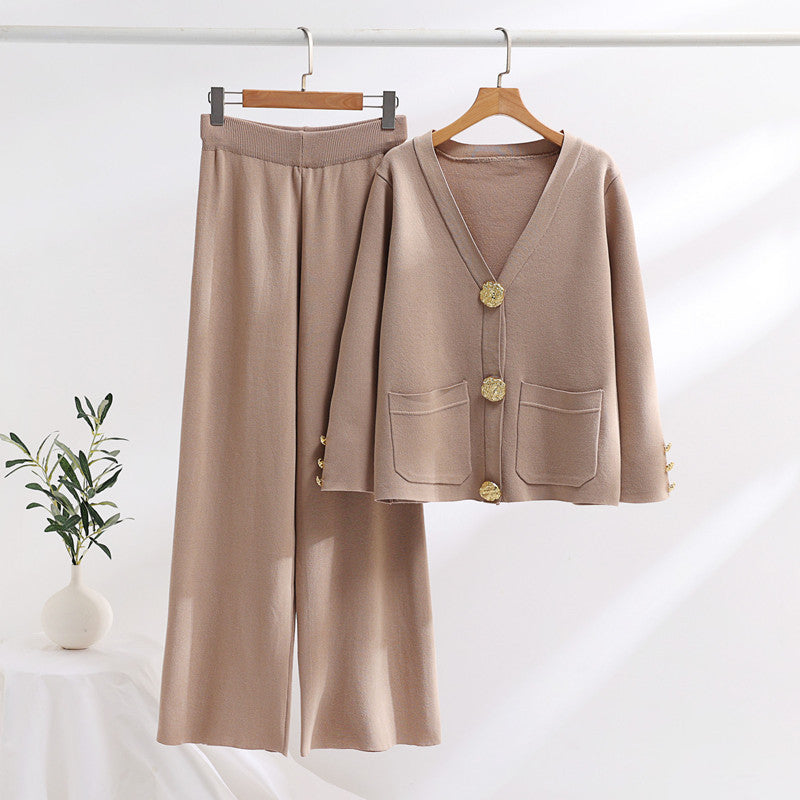 IvyShape | Golden Buckle Sweater and Wide Leg Pants Set