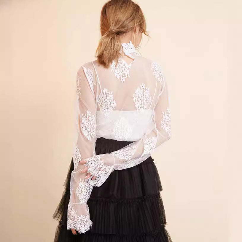 Women Elegant Transparent Blouse with Lace Appliqués Ivyshape