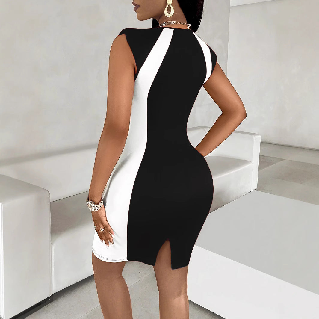 Women fitted cocktail dress with contrasting inserts Ivyshape