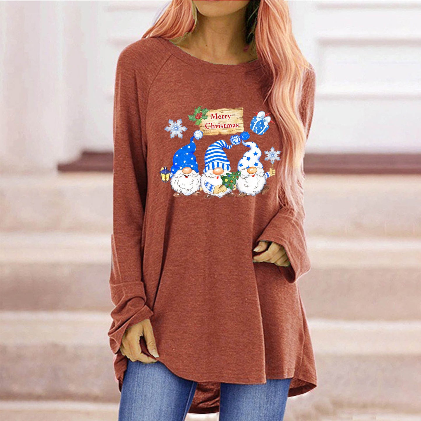Women Oversized Long Sleeve Shirt with Festive Gnome Motif Ivyshape
