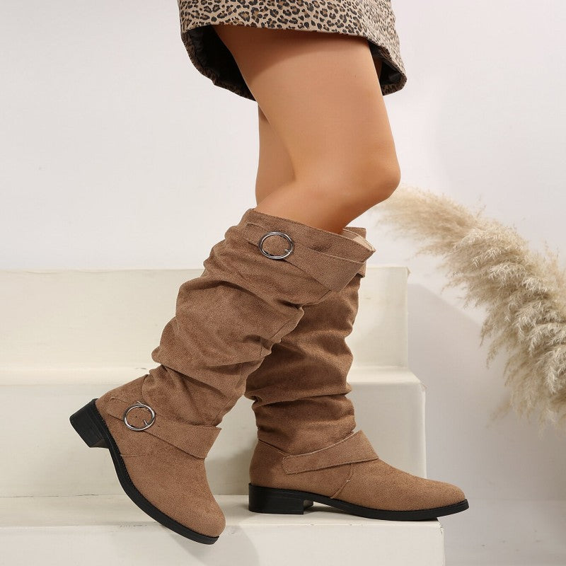 Ladies Stylish Overknee Boots with Fashionable Straps and Crumpled Design Ivyshape
