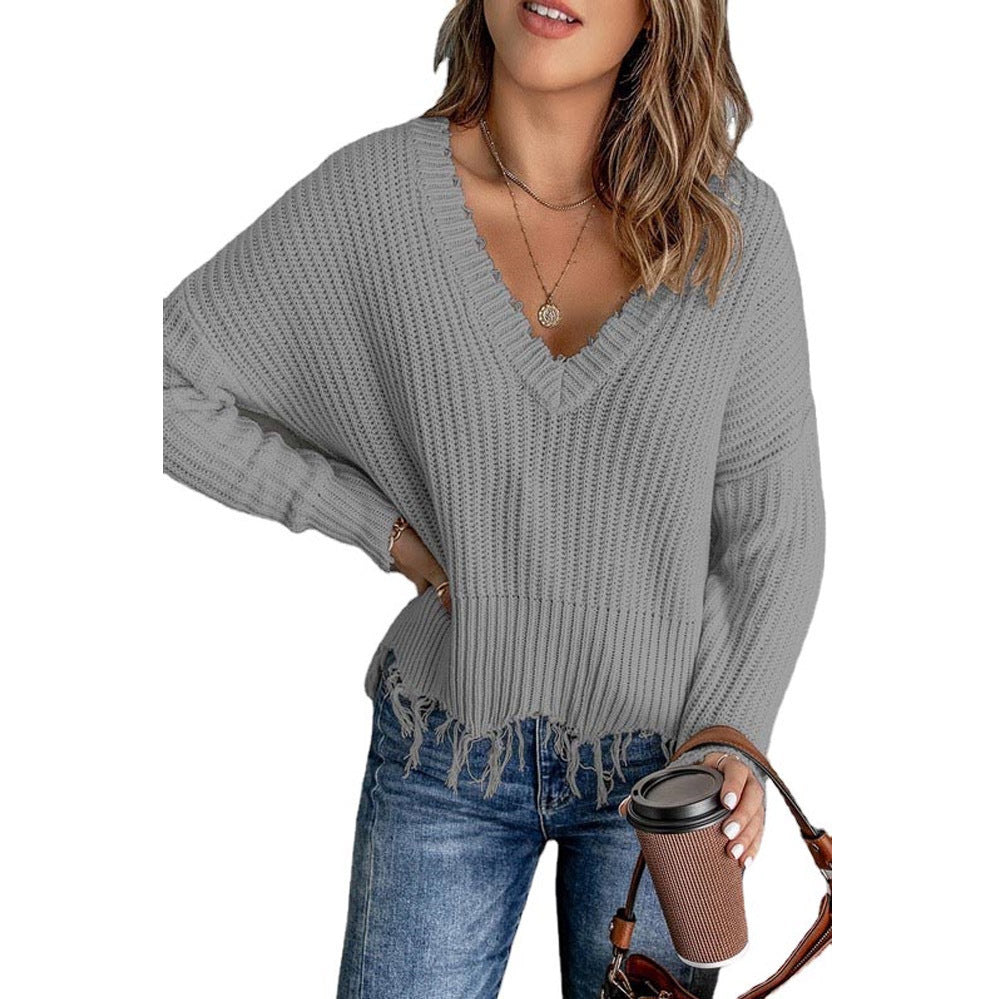 Women's V-neck knitted sweater with fringes Ivyshape