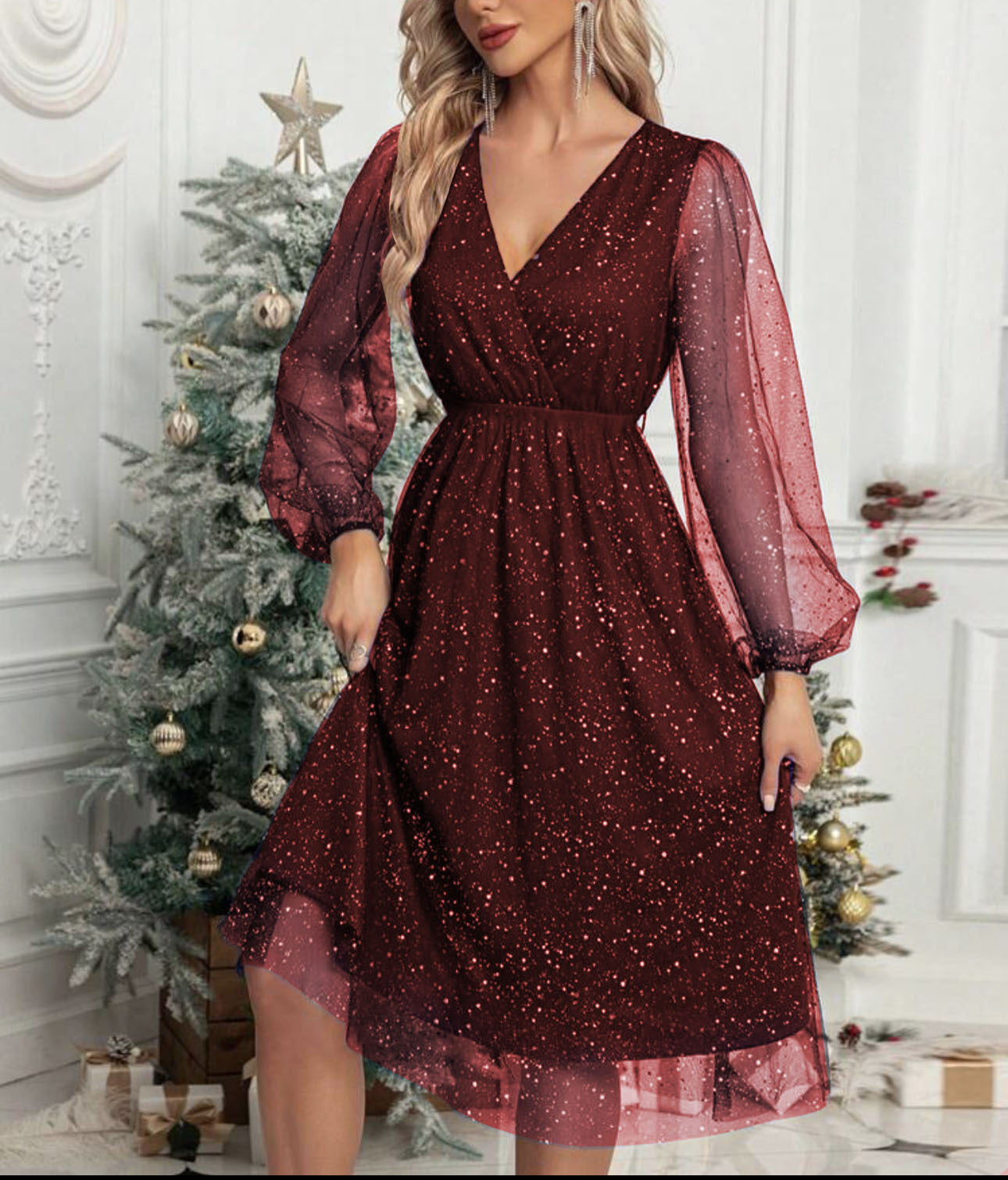 Ladies mididress with sparkling glitter and transparent puff sleeves Ivyshape