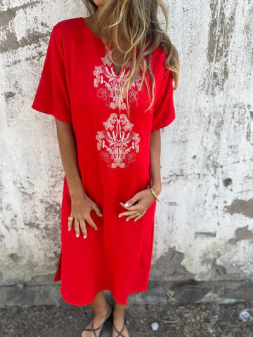 Ladies Bohemian Style Midi Dress with Embroidered Details Ivyshape