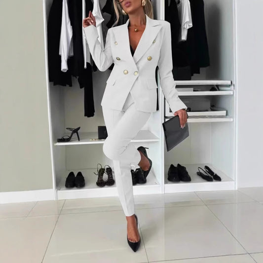 Women's Elegant Blazer Set with Tailored Pants and Double Button Placket Ivyshape