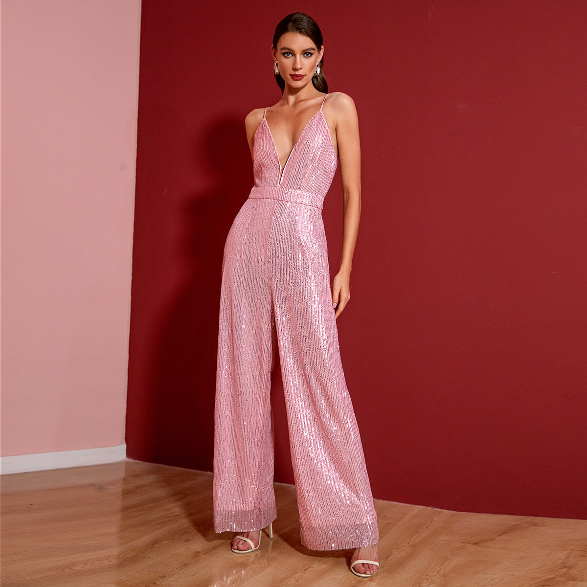 Ladies Glitter Jumpsuit with Deep V-Neck and Wide Leg Cut Ivyshape