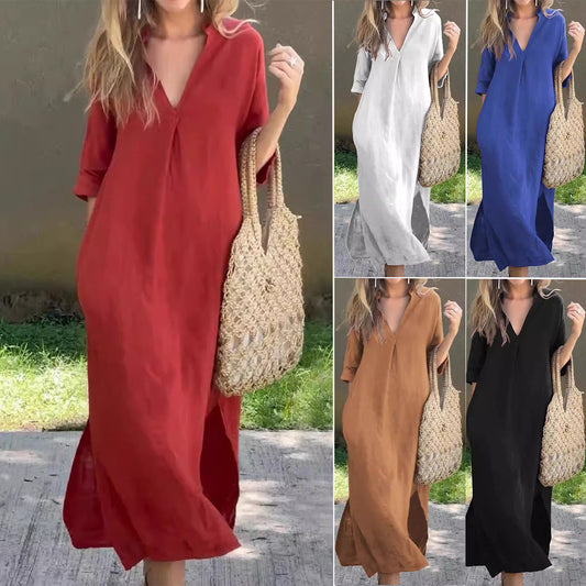Women casual maxi dress with V-neck Ivyshape