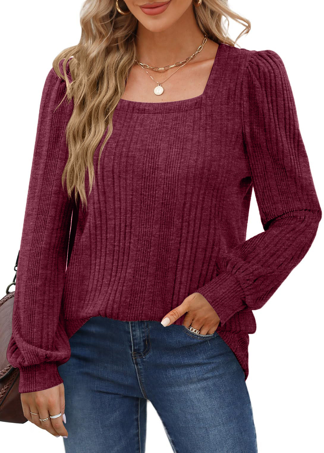Women's fashionable sweater with textured rib pattern and puff sleeves Ivyshape