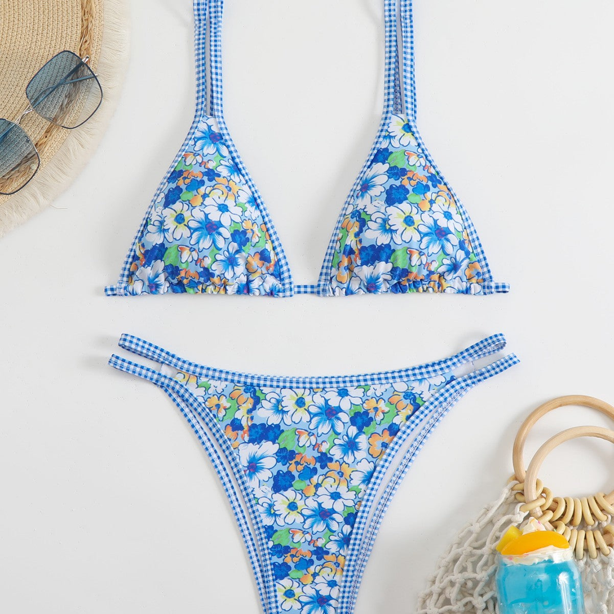 Women's triangle bikini set with floral pattern and adjustable straps Ivyshape