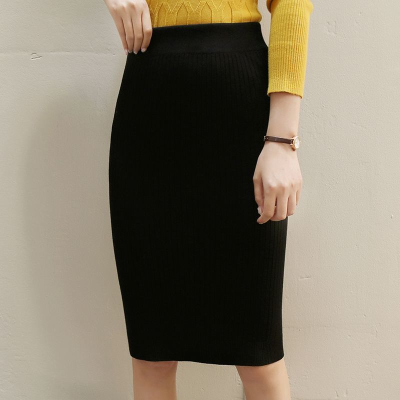 Women Knitted Pencil Skirt with High Waist and Ribbed Texture Ivyshape
