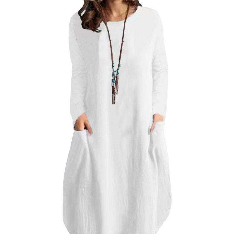 IvyShape | Relaxed Cotton Linen Solid Color Pocket Long Sleeve Dress