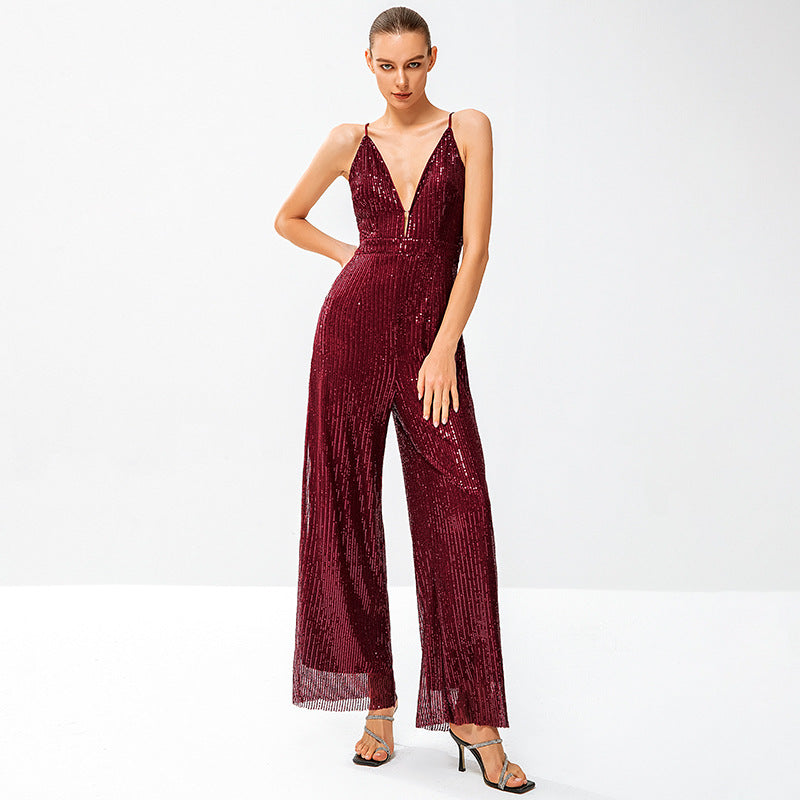 Ladies Glitter Jumpsuit with Deep V-Neck and Wide Leg Cut Ivyshape